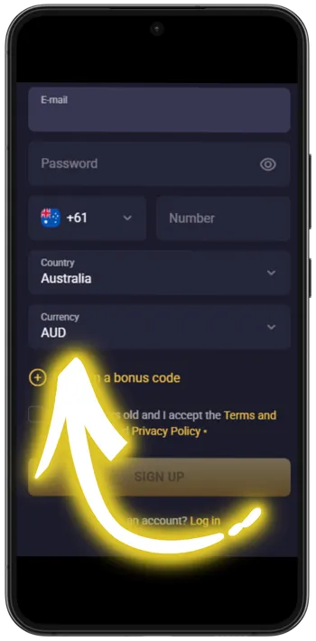 RollXO Select country, currency, and phone number